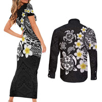 Hawaiian Plumeria Turtles Couples Matching Short Sleeve Bodycon Dress and Long Sleeve Button Shirt Polynesian Art Tattoo LT03 - Polynesian Pride