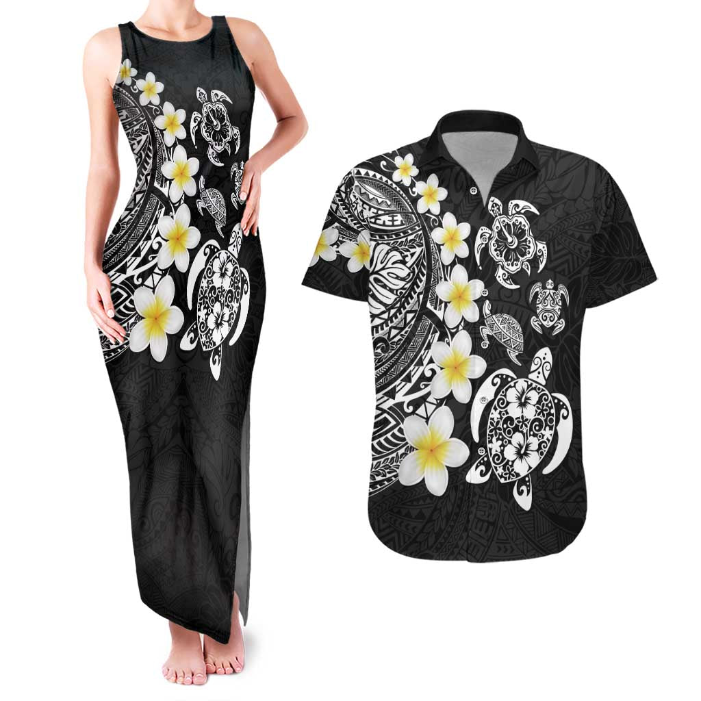 Hawaiian Plumeria Turtles Couples Matching Tank Maxi Dress and Hawaiian Shirt Polynesian Art Tattoo LT03 Black - Polynesian Pride