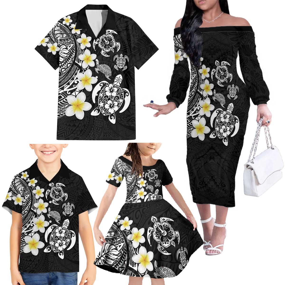 Hawaiian Plumeria Turtles Family Matching Off The Shoulder Long Sleeve Dress and Hawaiian Shirt Polynesian Art Tattoo