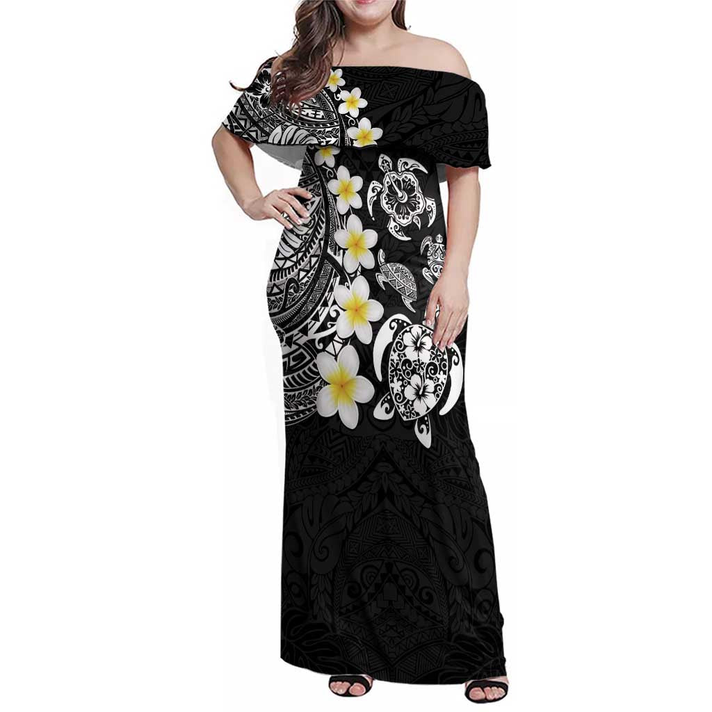 Hawaiian Plumeria Turtles Family Matching Off Shoulder Maxi Dress and Hawaiian Shirt Polynesian Art Tattoo LT03 Mom's Dress Black - Polynesian Pride