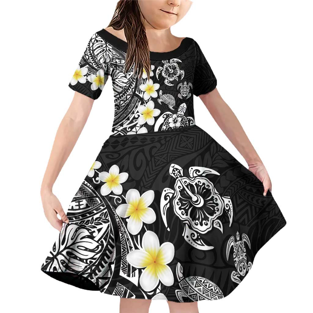 Hawaiian Plumeria Turtles Family Matching Off Shoulder Short Dress and Hawaiian Shirt Polynesian Art Tattoo LT03 Daughter's Dress Black - Polynesian Pride