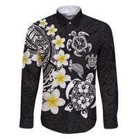 Hawaiian Plumeria Turtles Family Matching Off Shoulder Short Dress and Hawaiian Shirt Polynesian Art Tattoo LT03 Dad's Shirt - Long Sleeve Black - Polynesian Pride