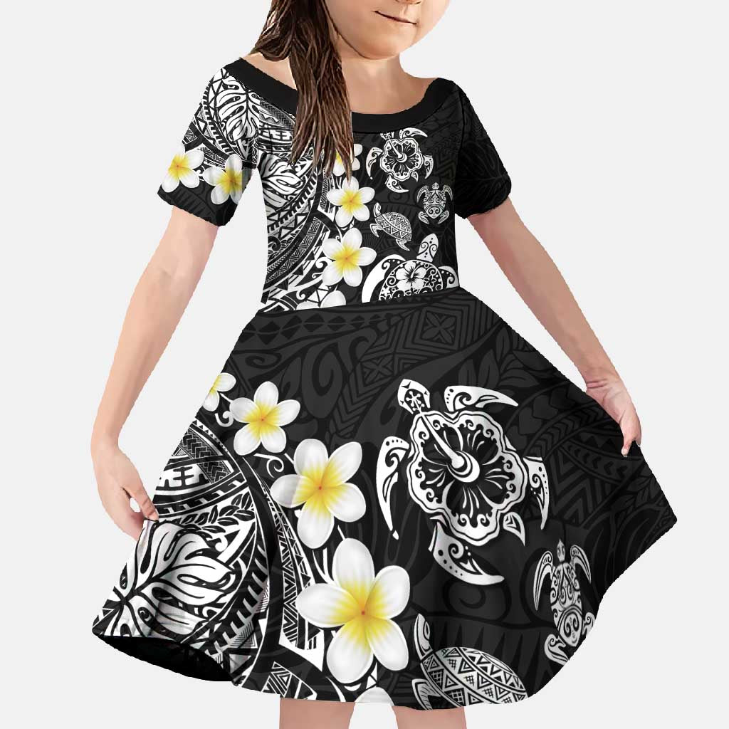 Hawaiian Plumeria Turtles Family Matching Summer Maxi Dress and Hawaiian Shirt Polynesian Art Tattoo LT03 Daughter's Dress Black - Polynesian Pride