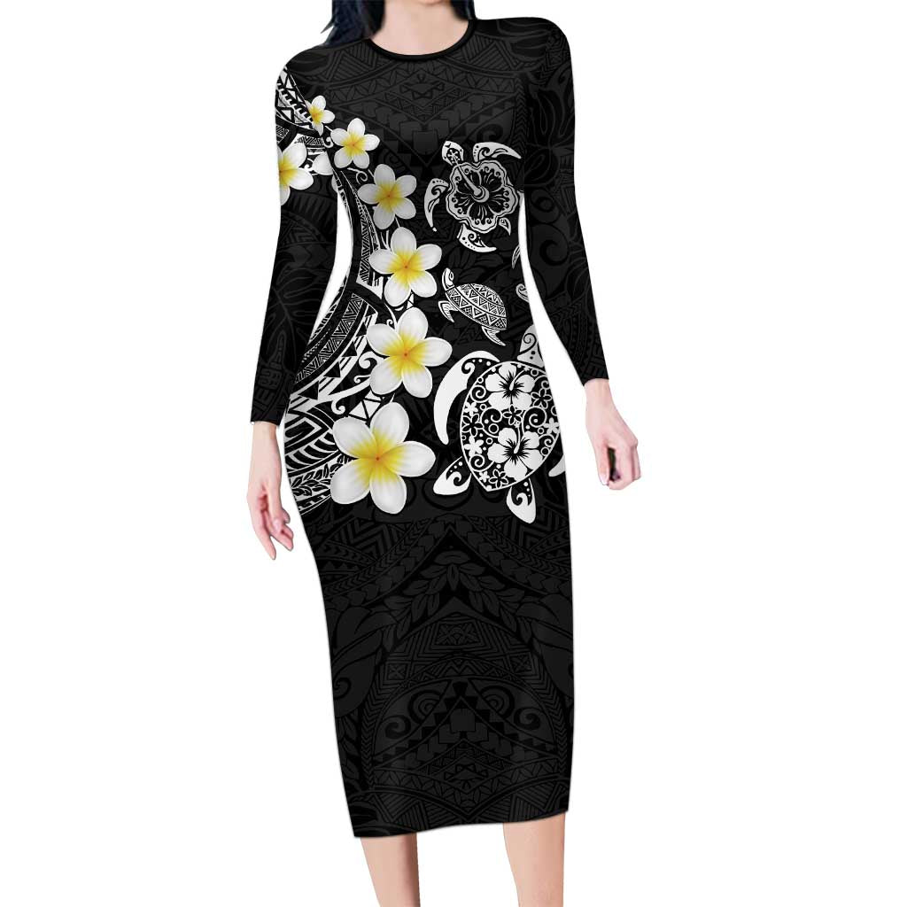 Hawaiian Plumeria Turtles Long Sleeve Bodycon Dress Polynesian Art Tattoo