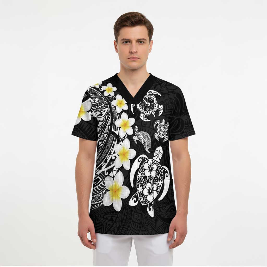 Hawaiian Plumeria Turtles Scrub Top Polynesian Art Tattoo - Polynesian Pride