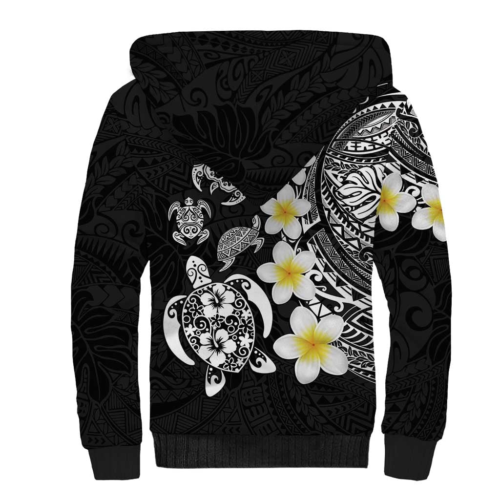 Hawaiian Plumeria Turtles Sherpa Hoodie Polynesian Art Tattoo