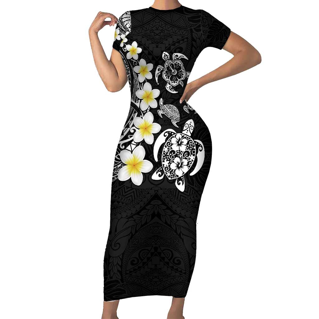 Hawaiian Plumeria Turtles Short Sleeve Bodycon Dress Polynesian Art Tattoo