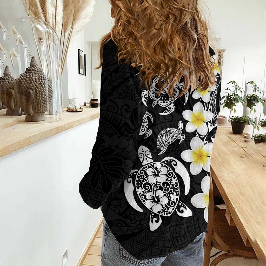 Hawaiian Plumeria Turtles Women Casual Shirt Polynesian Art Tattoo
