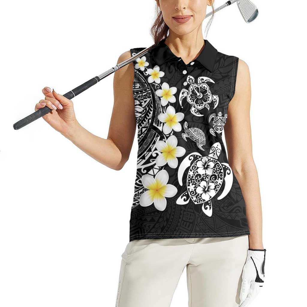Hawaiian Plumeria Turtles Women Sleeveless Polo Shirt Polynesian Art Tattoo