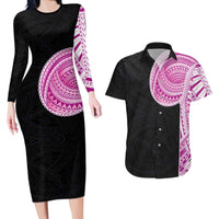 Samoan Art Tattoo Polynesian Pattern Couples Matching Long Sleeve Bodycon Dress and Hawaiian Shirt Pink Out Color