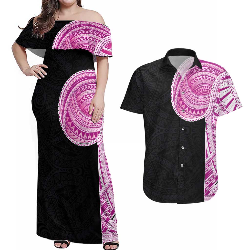 Samoan Art Tattoo Polynesian Pattern Couples Matching Off Shoulder Maxi Dress and Hawaiian Shirt Pink Out Color