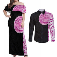 Samoan Art Tattoo Polynesian Pattern Couples Matching Off Shoulder Maxi Dress and Long Sleeve Button Shirt Pink Out Color