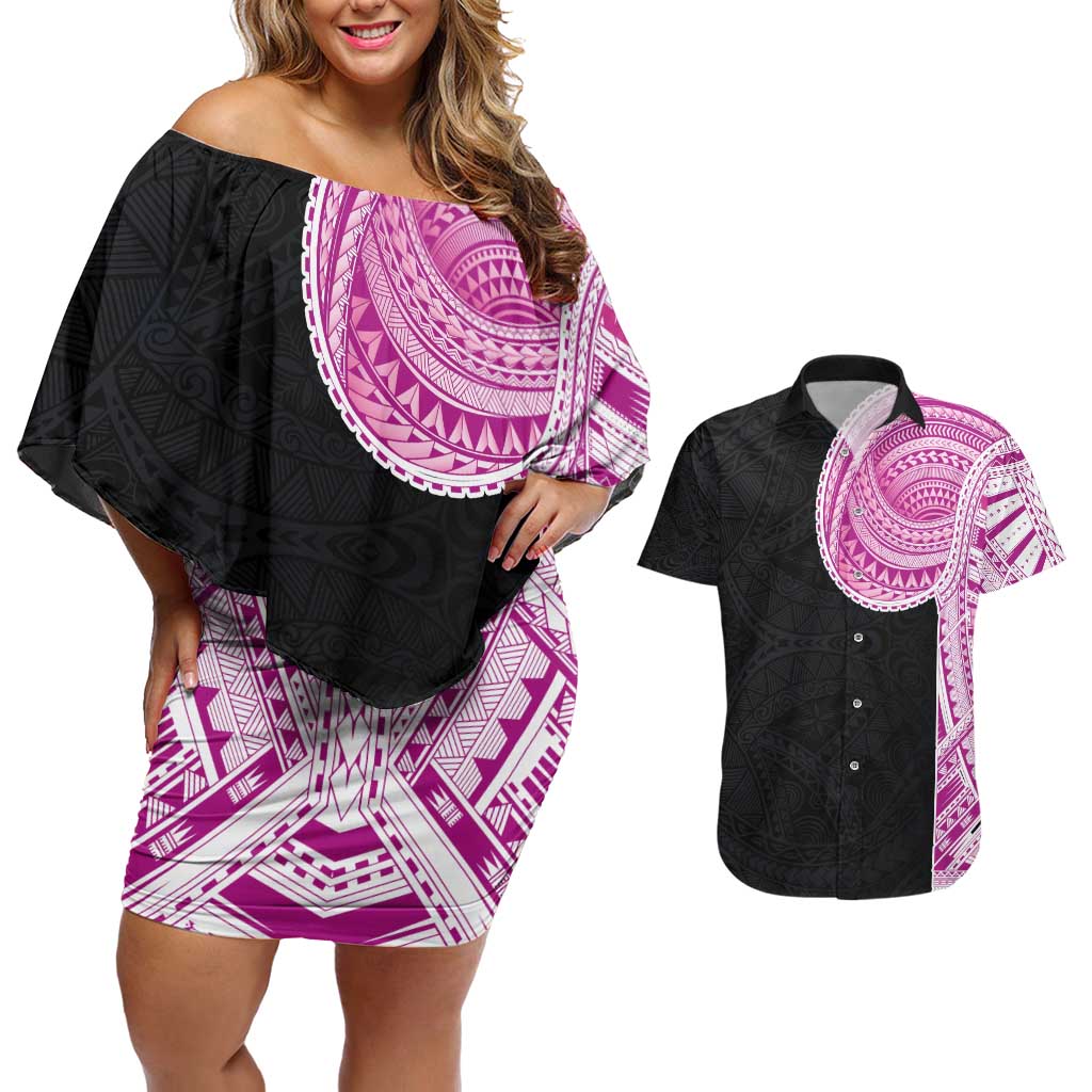 Samoan Art Tattoo Polynesian Pattern Couples Matching Off Shoulder Short Dress and Hawaiian Shirt Pink Out Color