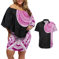 Samoan Art Tattoo Polynesian Pattern Couples Matching Off Shoulder Short Dress and Hawaiian Shirt Pink Out Color