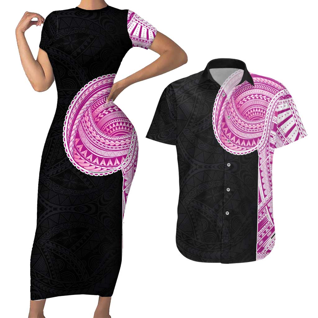 Samoan Art Tattoo Polynesian Pattern Couples Matching Short Sleeve Bodycon Dress and Hawaiian Shirt Pink Out Color