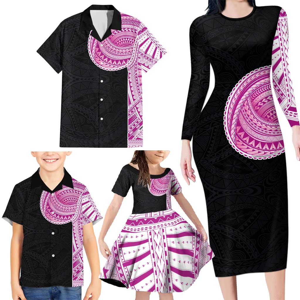 Samoan Art Tattoo Polynesian Pattern Family Matching Long Sleeve Bodycon Dress and Hawaiian Shirt Pink Out Color