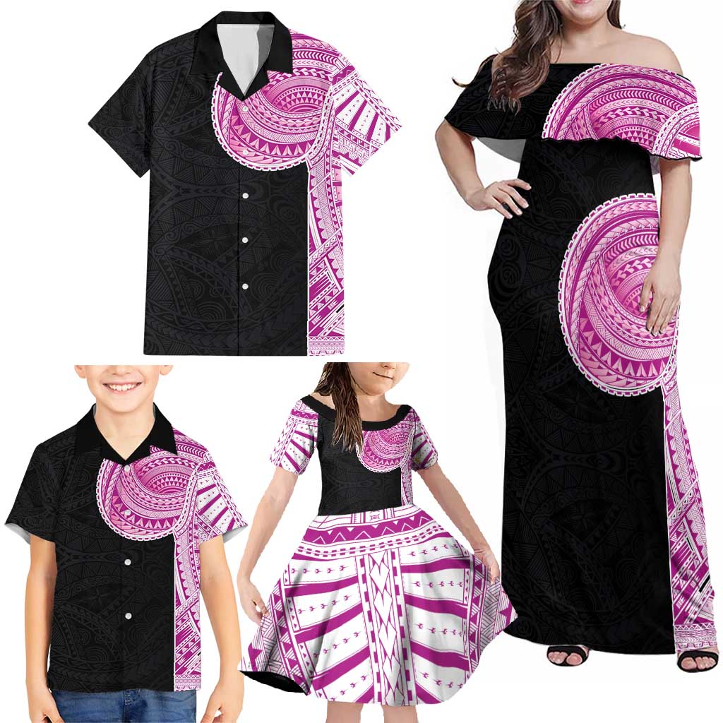 Samoan Art Tattoo Polynesian Pattern Family Matching Off Shoulder Maxi Dress and Hawaiian Shirt Pink Out Color