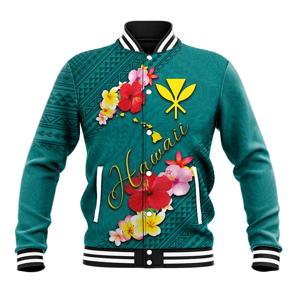 Aloha Kanaka Maoli Hawaii Flowers Baseball Jacket With Polynesian Pattern Teal Color