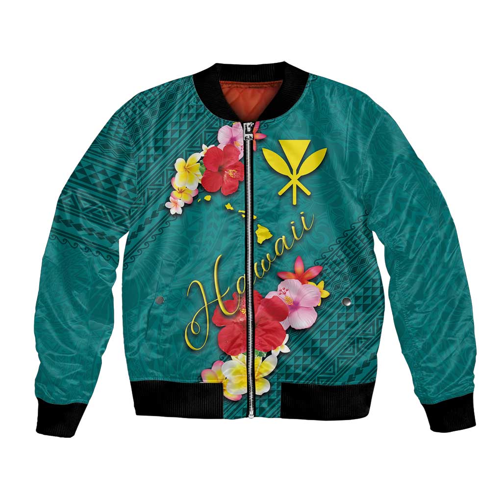 Aloha Kanaka Maoli Hawaii Flowers Bomber Jacket With Polynesian Pattern Teal Color