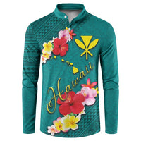 Aloha Kanaka Maoli Hawaii Flowers Button Sweatshirt With Polynesian Pattern Teal Color