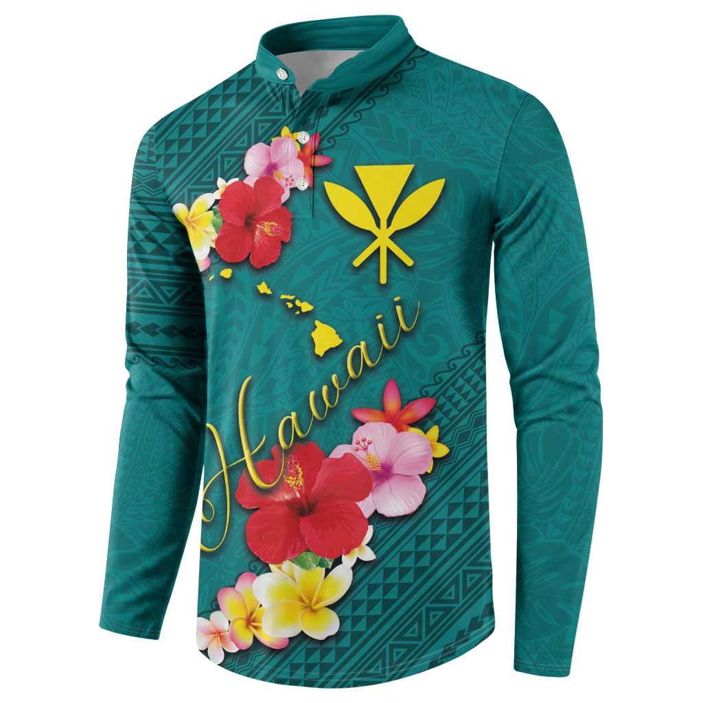 Aloha Kanaka Maoli Hawaii Flowers Button Sweatshirt With Polynesian Pattern Teal Color