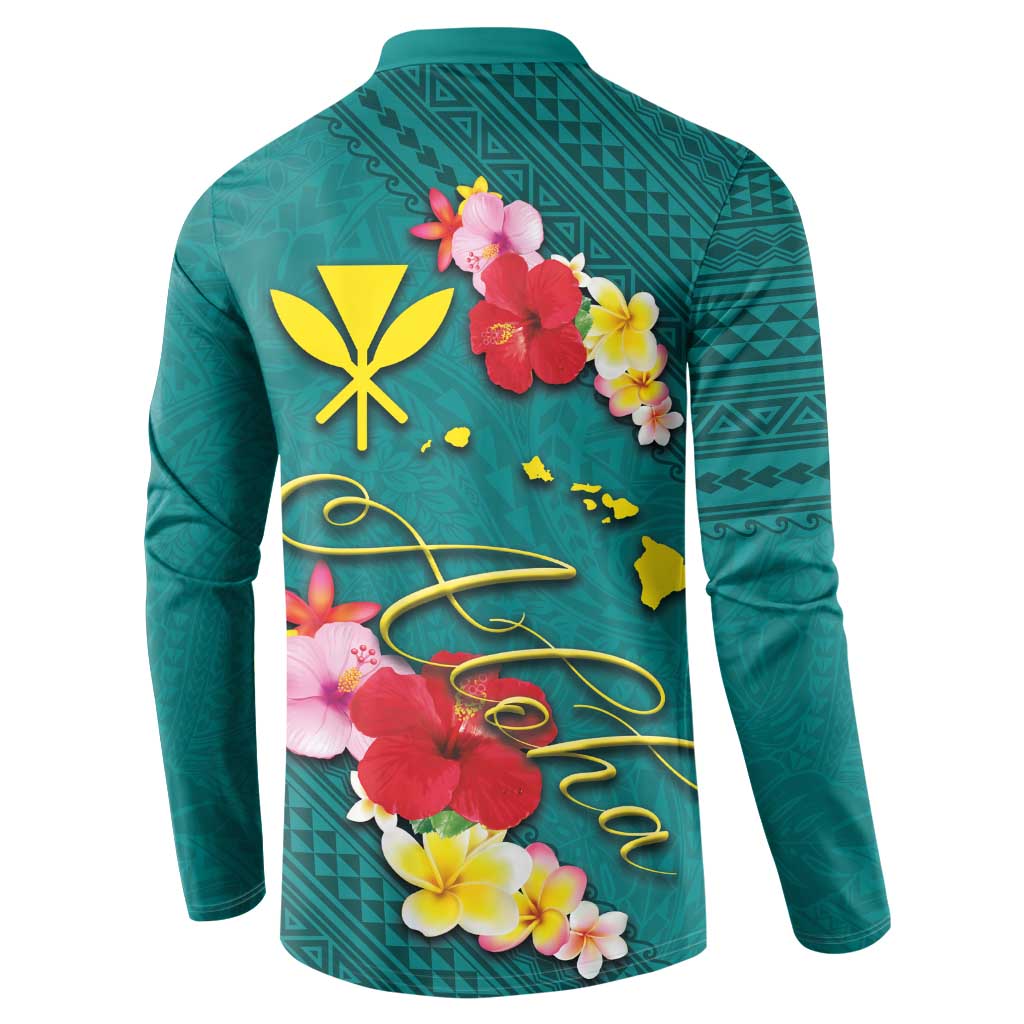 Aloha Kanaka Maoli Hawaii Flowers Button Sweatshirt With Polynesian Pattern Teal Color
