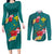 Aloha Kanaka Maoli Hawaii Flowers Couples Matching Long Sleeve Bodycon Dress and Long Sleeve Button Shirt With Polynesian Pattern Teal Color