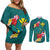 Aloha Kanaka Maoli Hawaii Flowers Couples Matching Off Shoulder Short Dress and Long Sleeve Button Shirt With Polynesian Pattern Teal Color