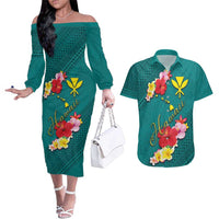 Aloha Kanaka Maoli Hawaii Flowers Couples Matching Off The Shoulder Long Sleeve Dress and Hawaiian Shirt With Polynesian Pattern Teal Color