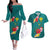 Aloha Kanaka Maoli Hawaii Flowers Couples Matching Off The Shoulder Long Sleeve Dress and Hawaiian Shirt With Polynesian Pattern Teal Color
