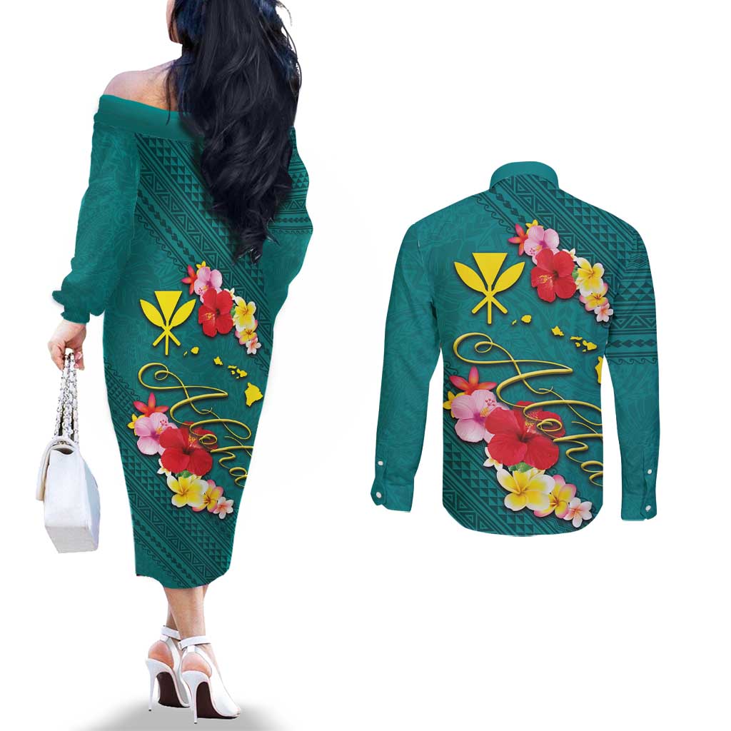 Aloha Kanaka Maoli Hawaii Flowers Couples Matching Off The Shoulder Long Sleeve Dress and Long Sleeve Button Shirt With Polynesian Pattern Teal Color