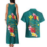 Aloha Kanaka Maoli Hawaii Flowers Couples Matching Tank Maxi Dress and Hawaiian Shirt With Polynesian Pattern Teal Color