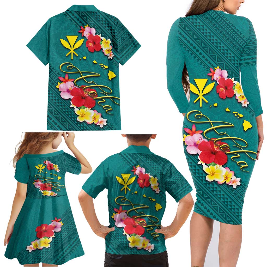Aloha Kanaka Maoli Hawaii Flowers Family Matching Long Sleeve Bodycon Dress and Hawaiian Shirt With Polynesian Pattern Teal Color