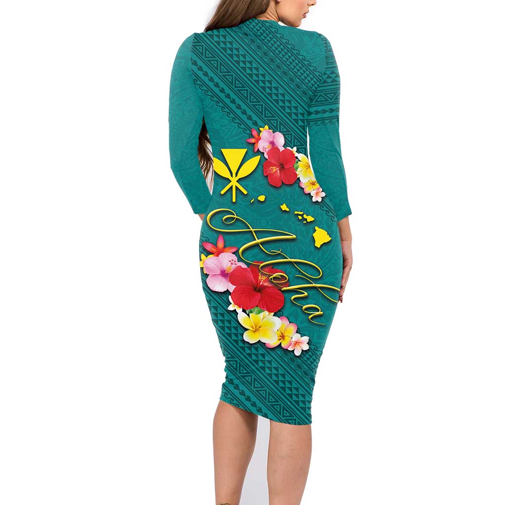Aloha Kanaka Maoli Hawaii Flowers Family Matching Long Sleeve Bodycon Dress and Hawaiian Shirt With Polynesian Pattern Teal Color