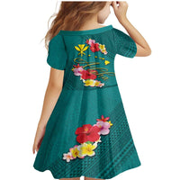 Aloha Kanaka Maoli Hawaii Flowers Family Matching Mermaid Dress and Hawaiian Shirt With Polynesian Pattern Teal Color