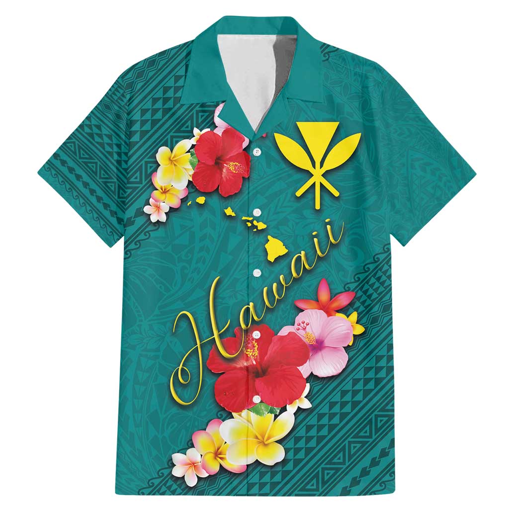 Aloha Kanaka Maoli Hawaii Flowers Family Matching Mermaid Dress and Hawaiian Shirt With Polynesian Pattern Teal Color