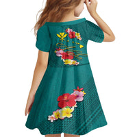 Aloha Kanaka Maoli Hawaii Flowers Family Matching Off The Shoulder Long Sleeve Dress and Hawaiian Shirt With Polynesian Pattern Teal Color