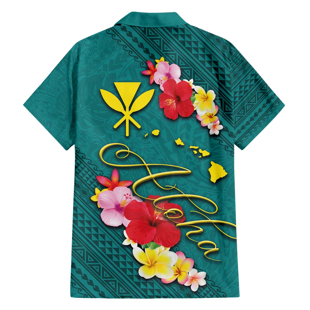 Aloha Kanaka Maoli Hawaii Flowers Family Matching Off Shoulder Short Dress and Hawaiian Shirt With Polynesian Pattern Teal Color