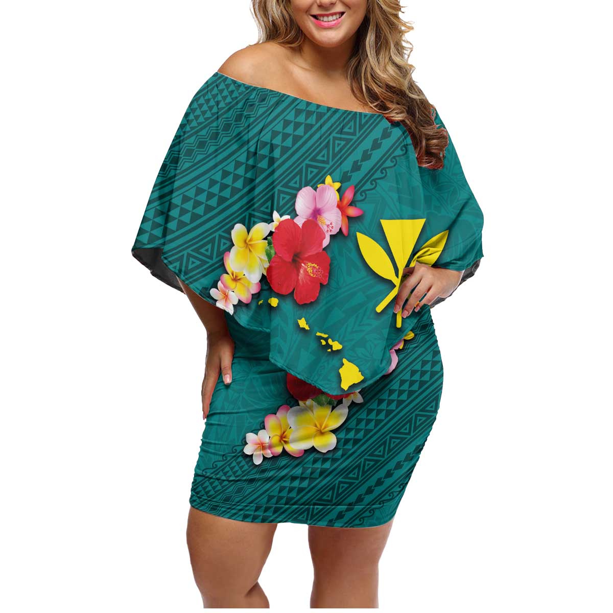 Aloha Kanaka Maoli Hawaii Flowers Family Matching Off Shoulder Short Dress and Hawaiian Shirt With Polynesian Pattern Teal Color
