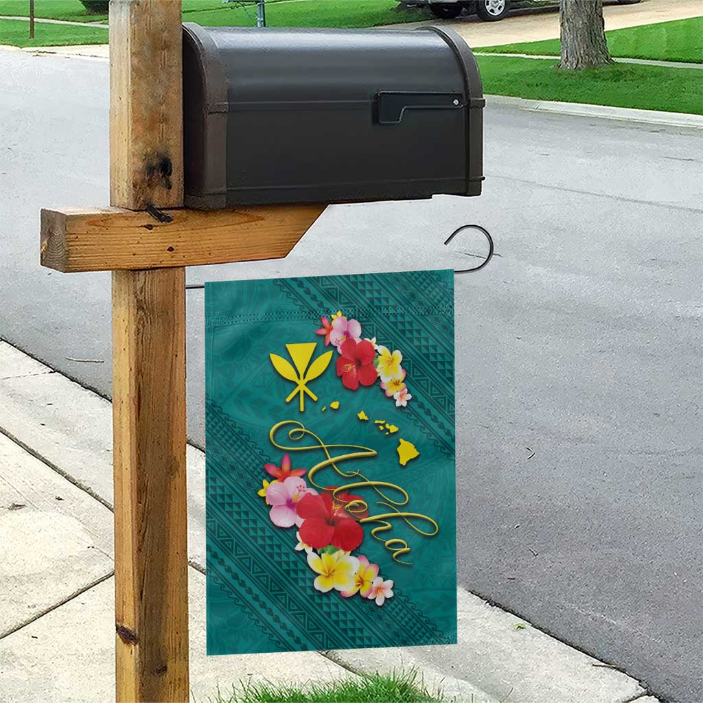 Aloha Kanaka Maoli Hawaii Flowers Garden Flag With Polynesian Pattern Teal Color