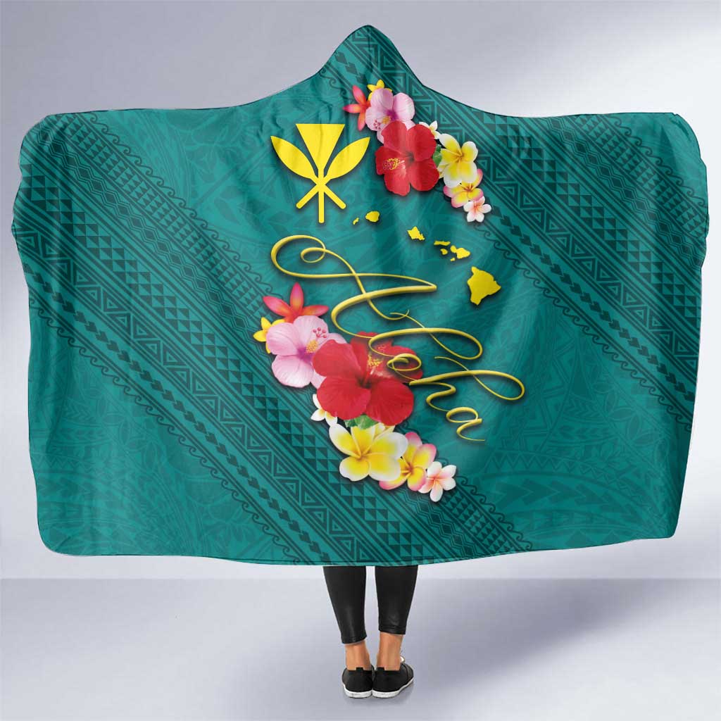 Aloha Kanaka Maoli Hawaii Flowers Hooded Blanket With Polynesian Pattern Teal Color