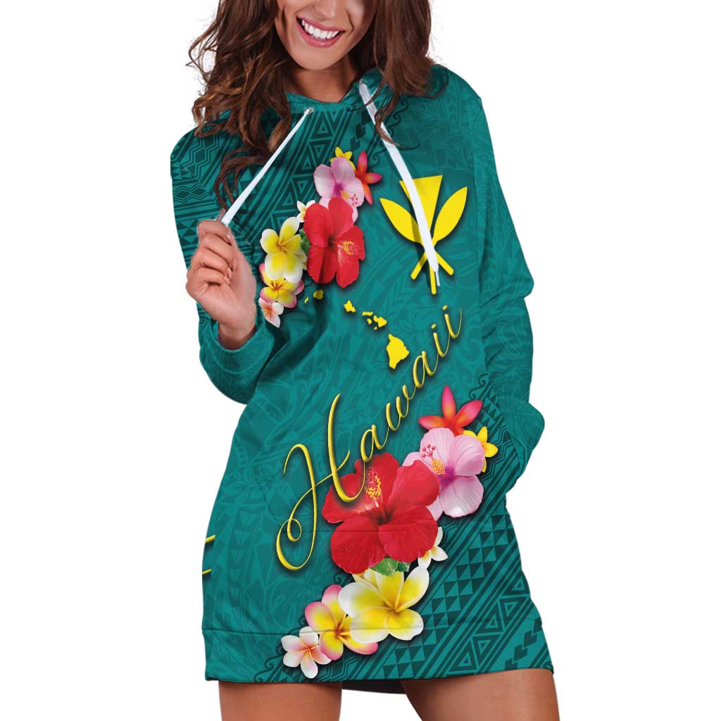 Aloha Kanaka Maoli Hawaii Flowers Hoodie Dress With Polynesian Pattern Teal Color