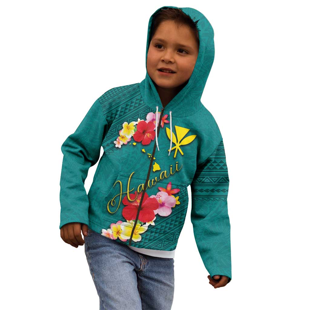 Aloha Kanaka Maoli Hawaii Flowers Kid Hoodie With Polynesian Pattern Teal Color