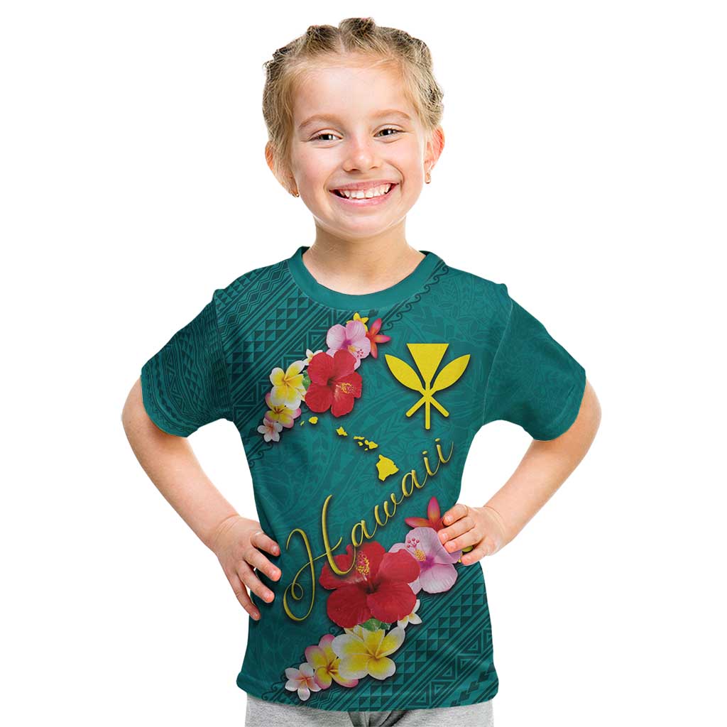 Aloha Kanaka Maoli Hawaii Flowers Kid T Shirt With Polynesian Pattern Teal Color