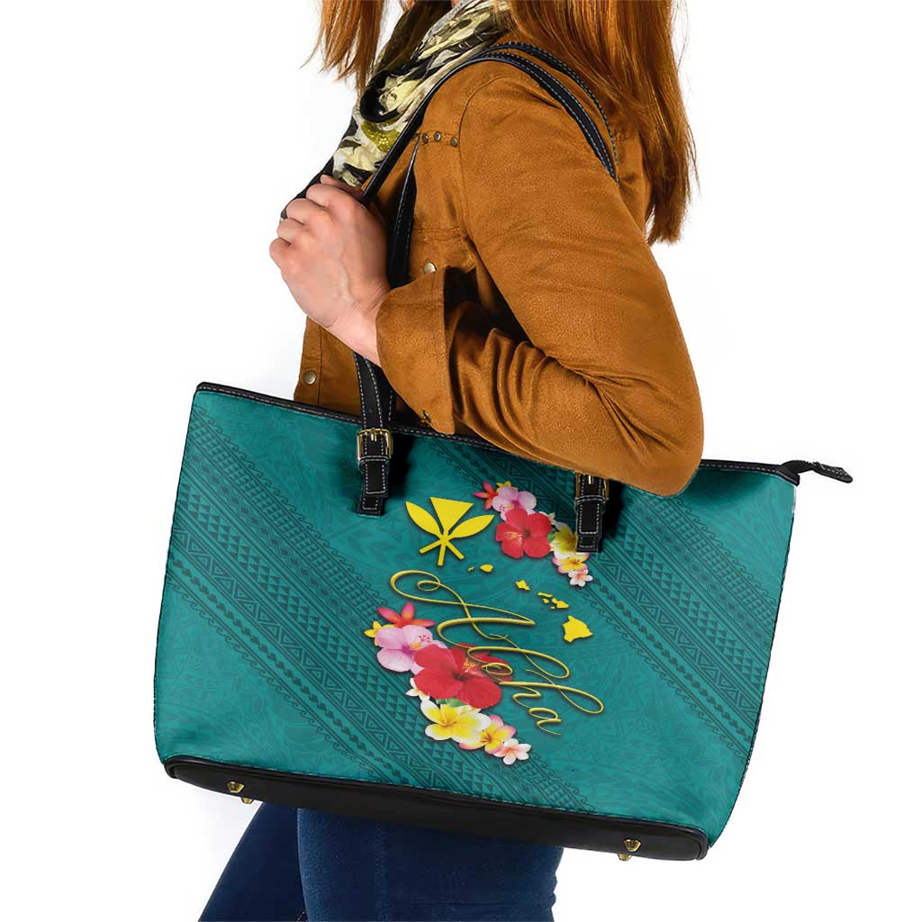 Aloha Kanaka Maoli Hawaii Flowers Leather Tote Bag With Polynesian Pattern Teal Color