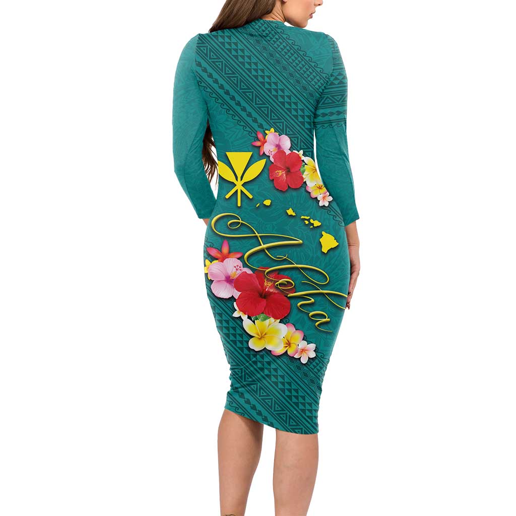 Aloha Kanaka Maoli Hawaii Flowers Long Sleeve Bodycon Dress With Polynesian Pattern Teal Color