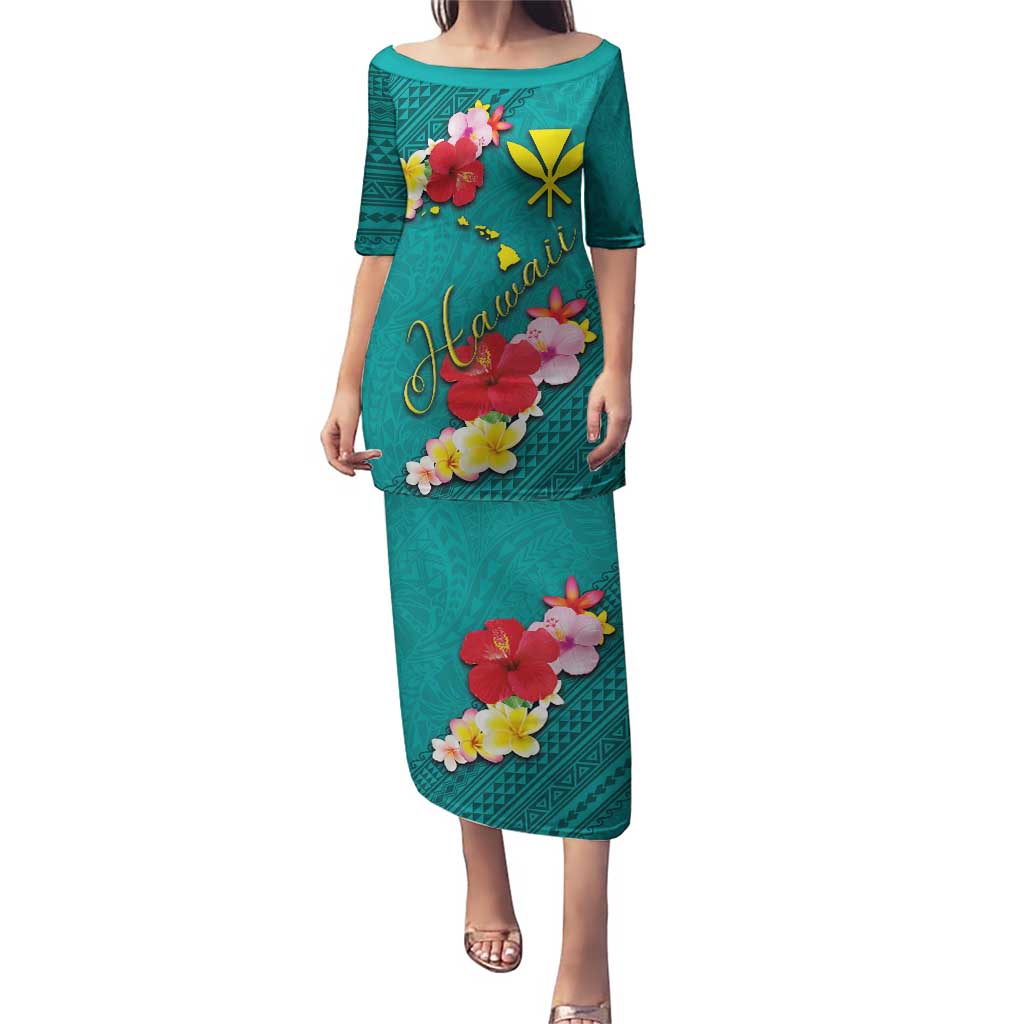 Aloha Kanaka Maoli Hawaii Flowers Puletasi With Polynesian Pattern Teal Color