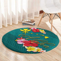 Aloha Kanaka Maoli Hawaii Flowers Round Carpet With Polynesian Pattern Teal Color