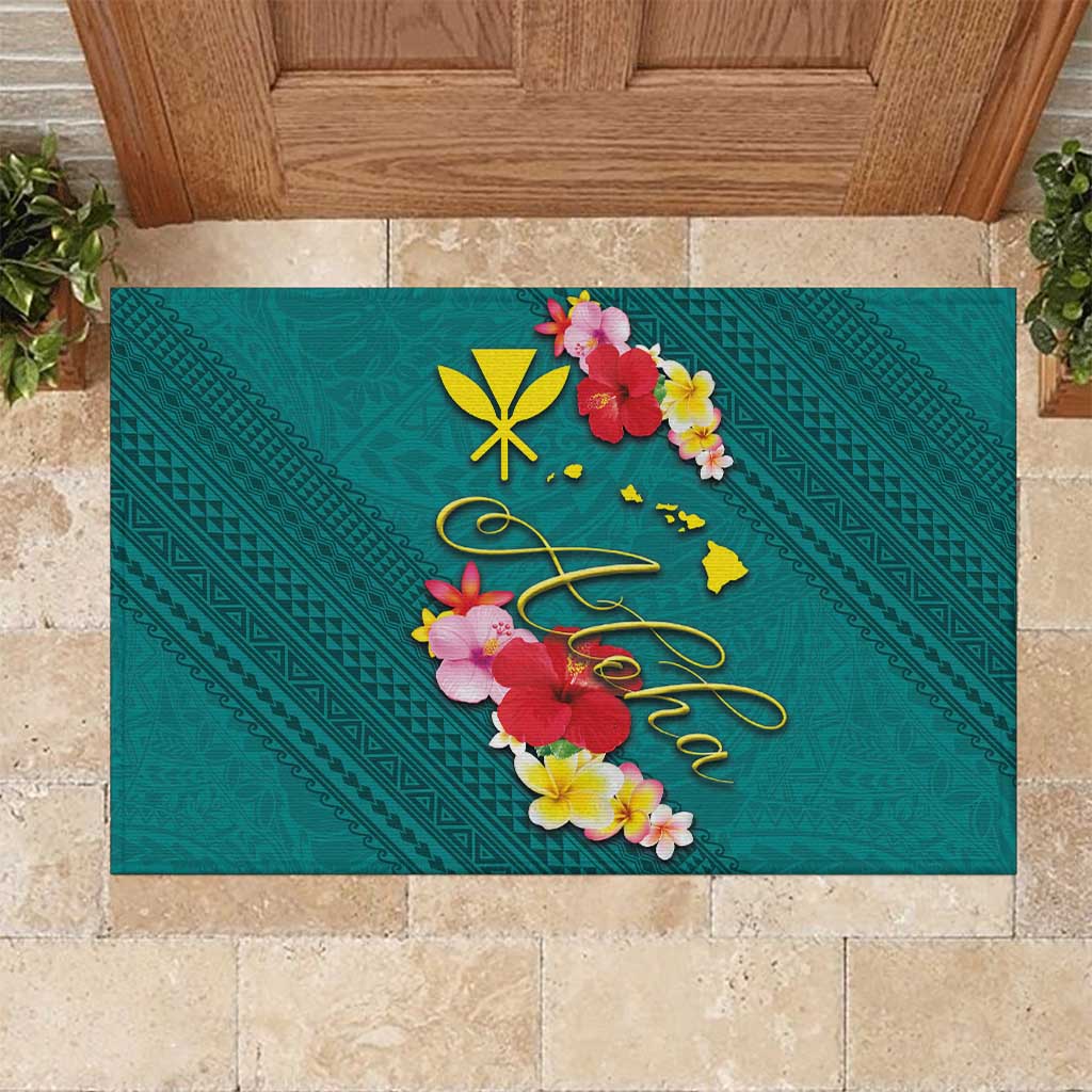 Aloha Kanaka Maoli Hawaii Flowers Rubber Doormat With Polynesian Pattern Teal Color