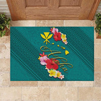 Aloha Kanaka Maoli Hawaii Flowers Rubber Doormat With Polynesian Pattern Teal Color